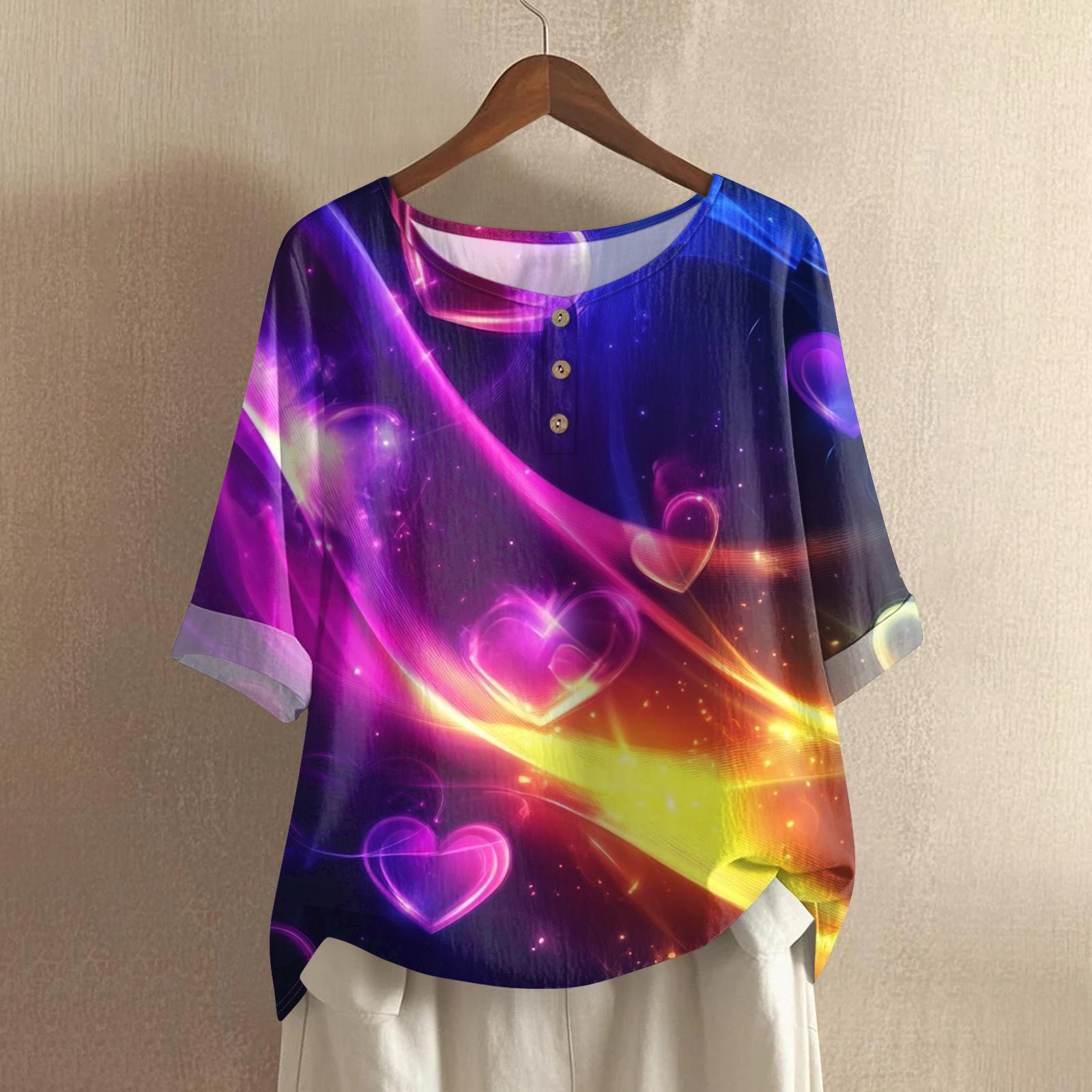 

Women s Casual And Comfortable Mid,Length Round,Neck Fashion Print Cotton,Linen Top XL фіолетовий