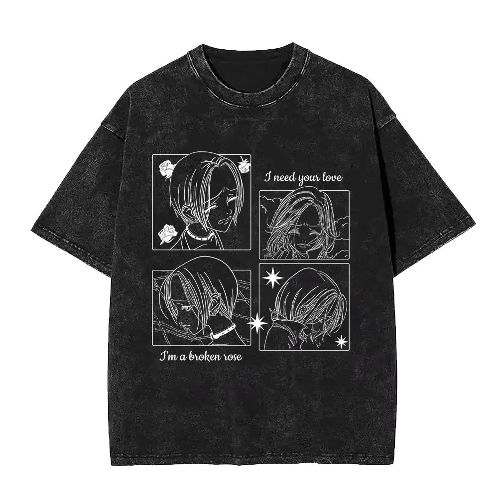 Washed Vintage Anime Black Stones Oosaki Nana Honjo Ren Graphic T-shirt Manga Y2k Oversized T Shirt Streetwear Unisex