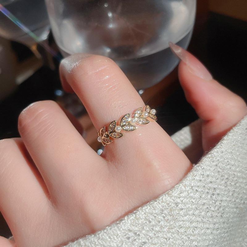 Cold wind zircon pearl opening ring Korean elegant temperament versatile index finger ring light luxury high-end jewelry women