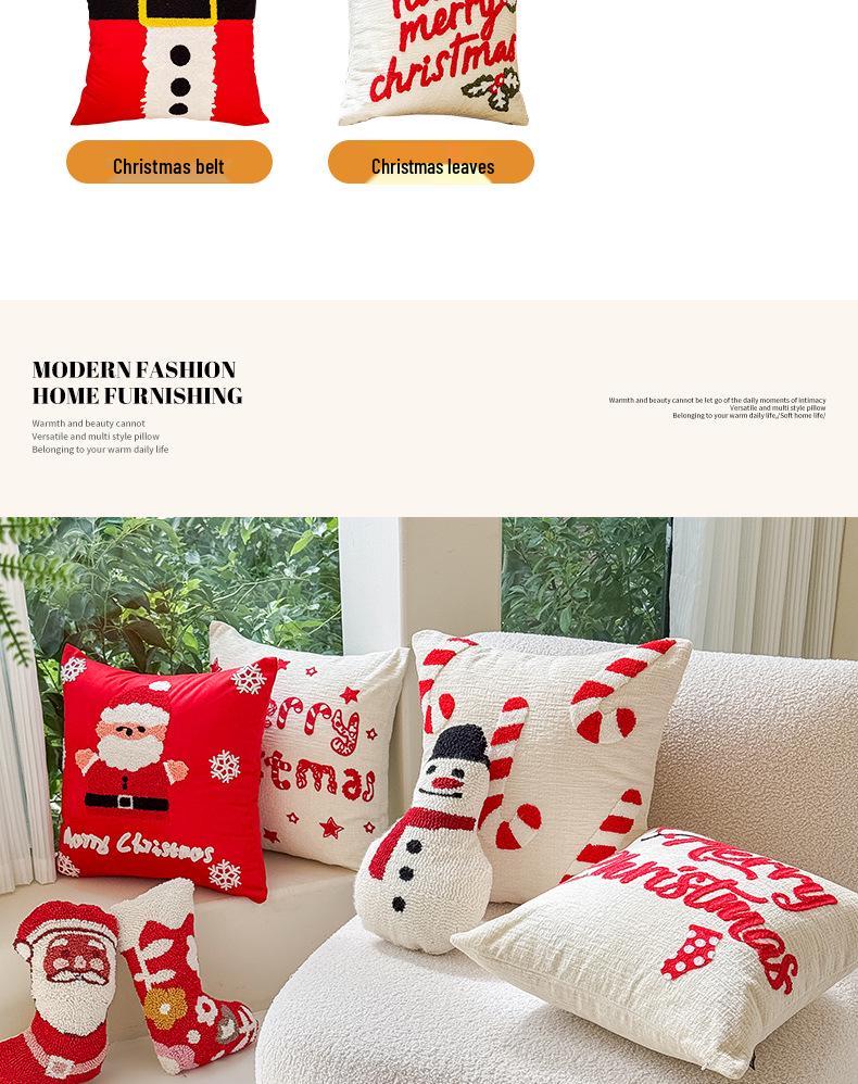 Christmas Embroidery Candy Cane & Santa Hat Tufted Throw Pillow Cover