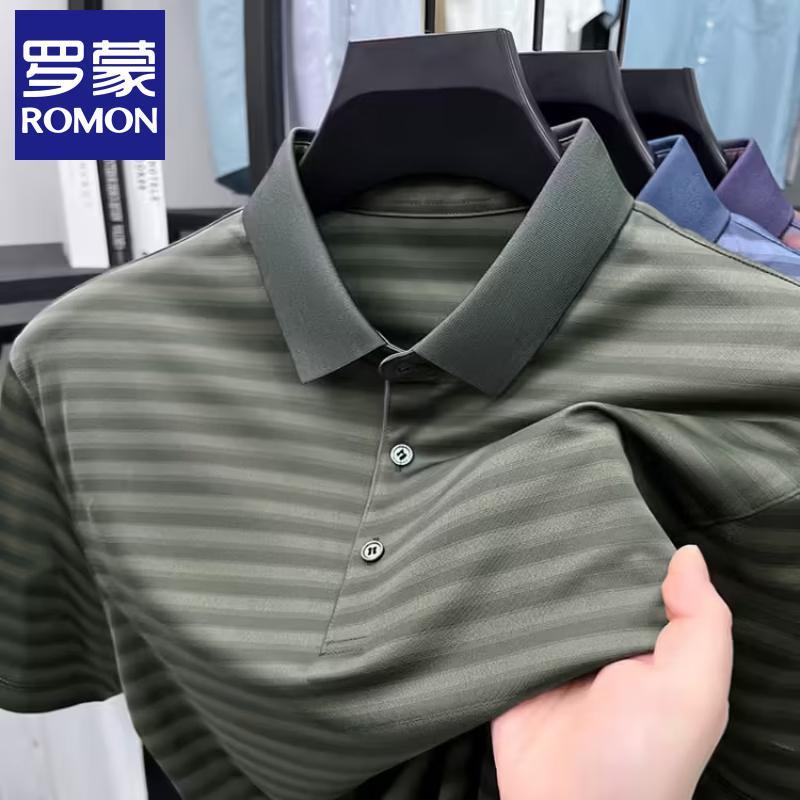 ROMON Men s Cooling Mulberry Silk Blend Striped Polo Shirt 3XL