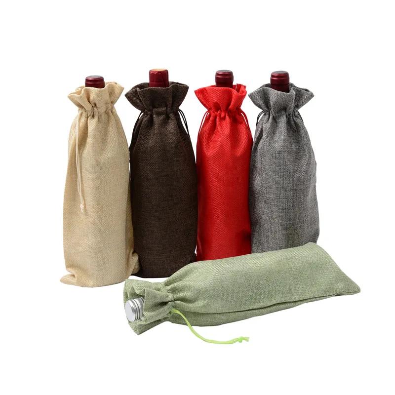 10pcs Christmas New Year Party Champagne Red Wine Drawstring Linen Wine Bottle Packaging Bags Decor Gift Supplies