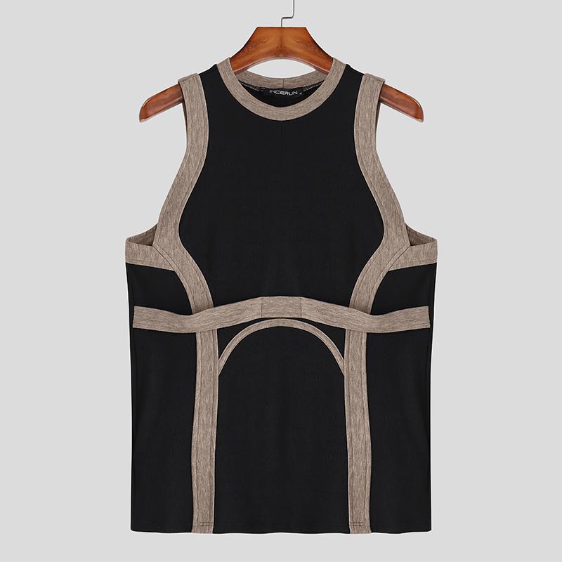 

INCERUN Men Casual Round Neck Sleeveless Stitching Thin Fitted Rib Tank Tops XL коричневый
