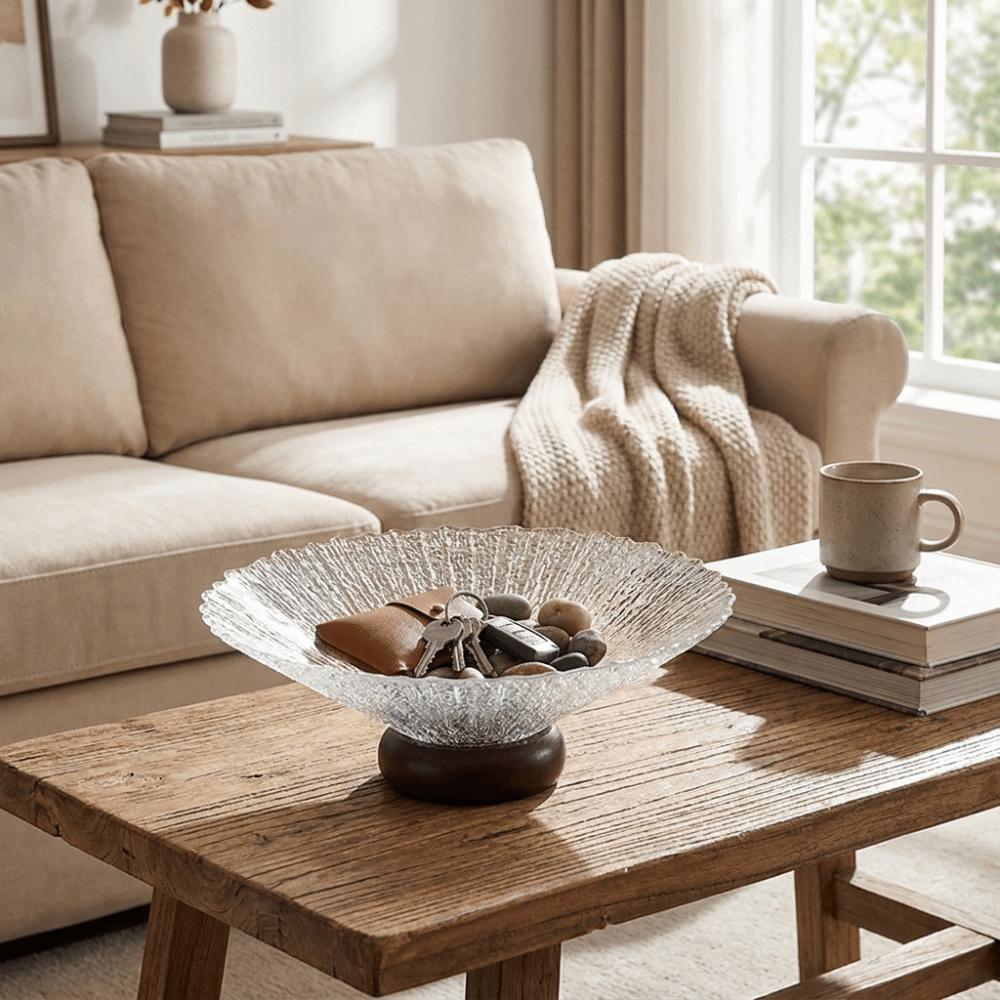 French Style Transparent Glass Fruit Plate Wooden Base Large Fruit Serving Tray Minimalist Dry Fruit Placed Tray Salad Serving