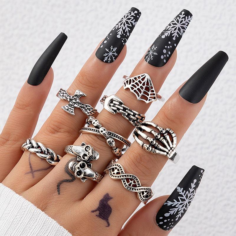 European and American punk dark butterfly skull cut-out face ring multi-piece set personality trend distressed ring set