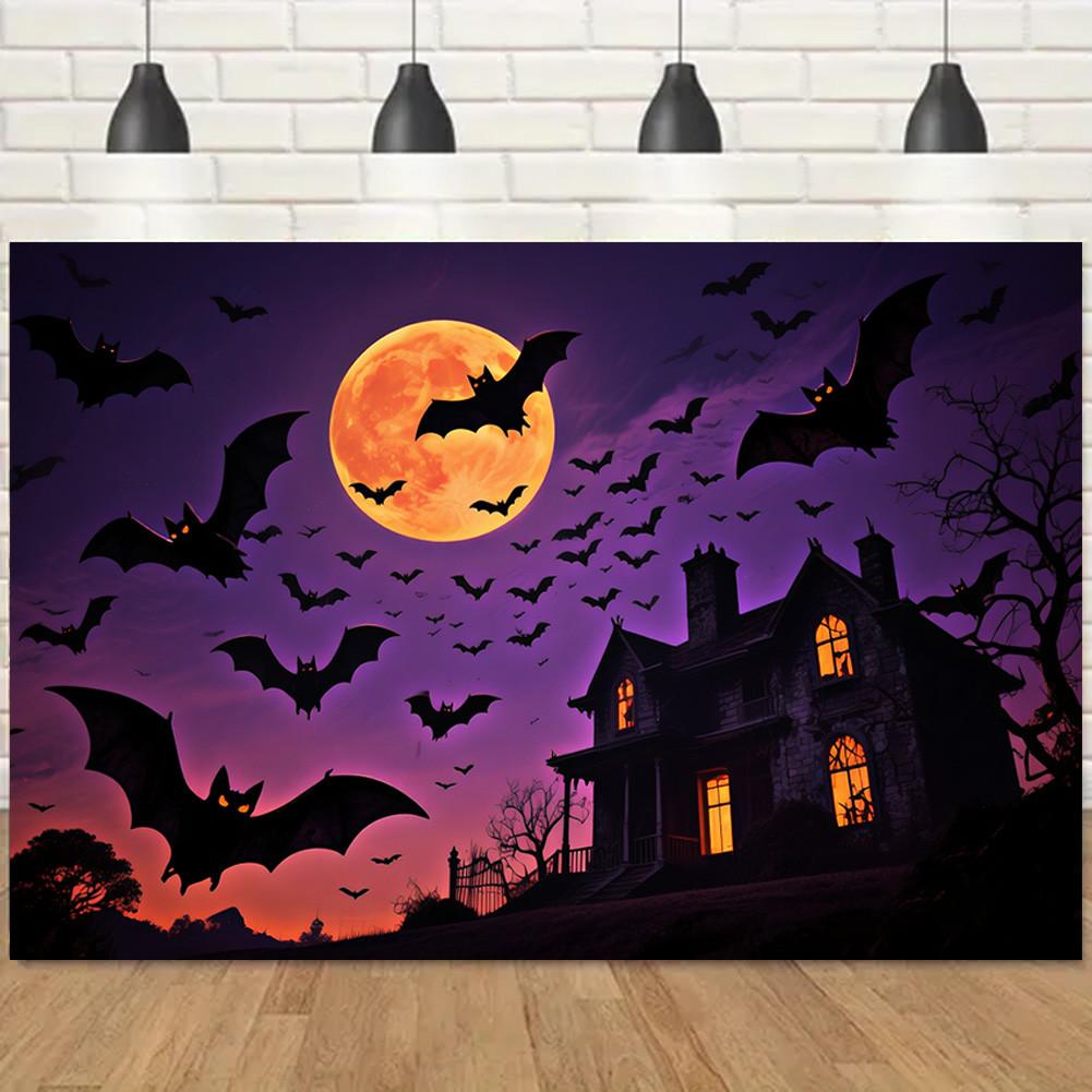 With Castle,Bats,Full Moon Elements-Halloween Backdrop Tapestry for Photo Booth,Party Event,Holiday Celebration,Wall Decor