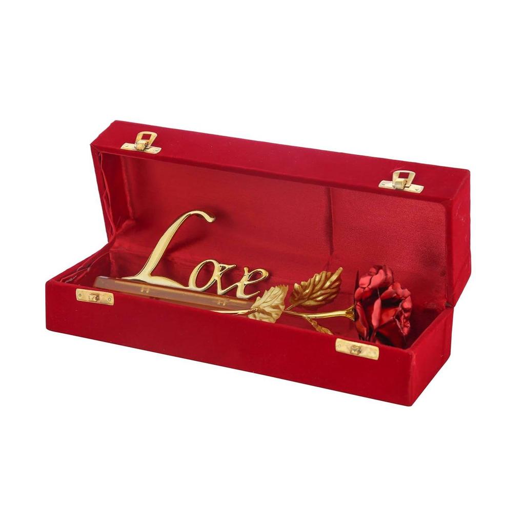 GIFT Red Rose Flower with Golden Leaf with Love Shape Stand and Luxury Gift