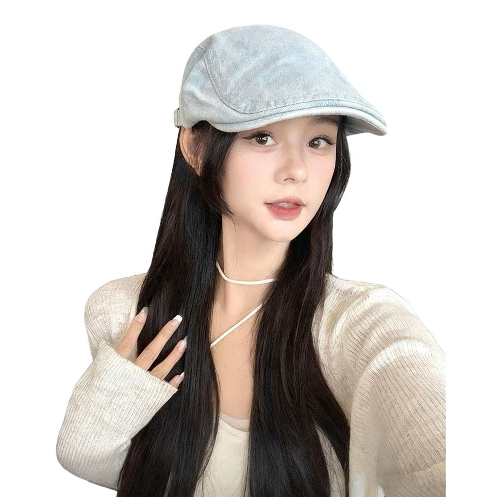 Retro Denim Newsboy Cap Adjustable Forward Flat Hat, Casual Versatile Face Slimming Artist Beret Hat for Men Women
