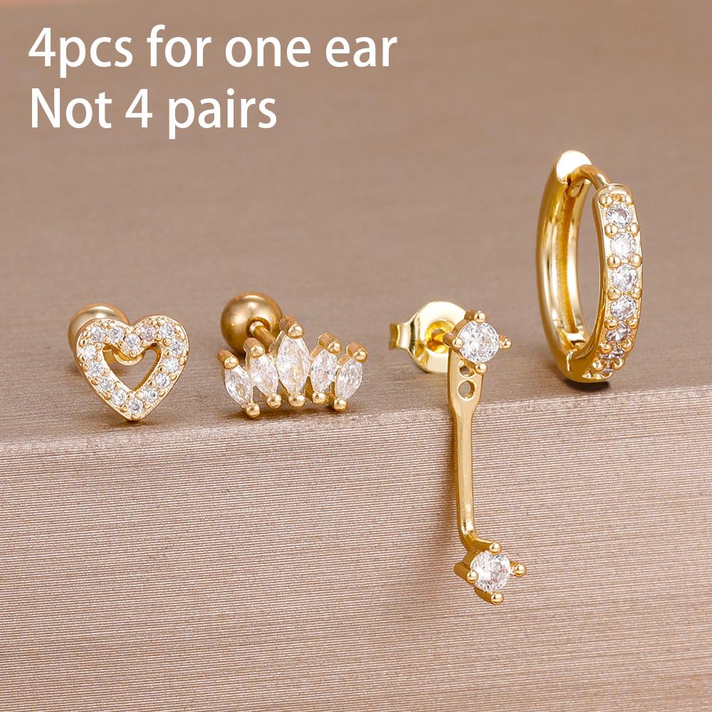 4-teiliges Set Huggie Hoop Ohrringe aus Edelstahl für Damen, Goldfarbe, Einzigartige Zirkonia Blume Ohrstecker Piercing Schmuck