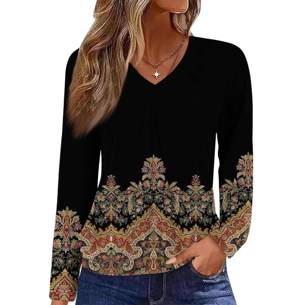 Women's Casual Fashion V-Neck Raglan Pleated Floral Print Long Sleeve Top