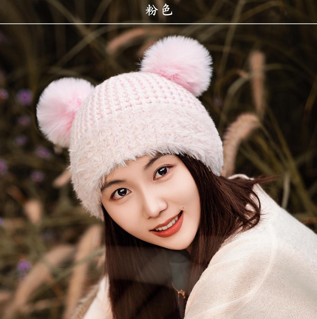 Plush Hat Female Winter Cute Bear Ears Striped Contrasting Color New Sweet Contrasting Color Knitted Wool Hat