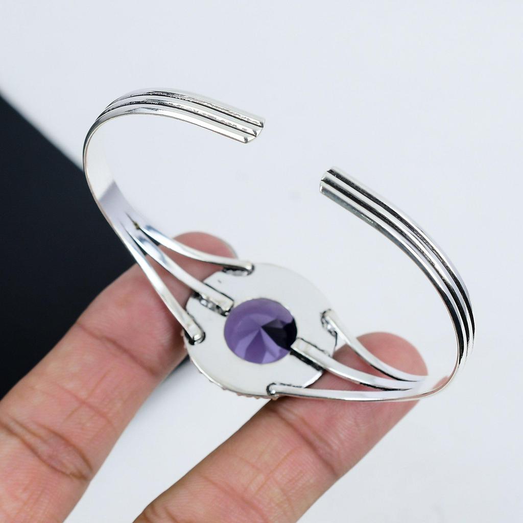 Dainty Amethyst Gemstone Handmade Cuff Bangle 925 Sterling Silver Cuff Bangle, Amethyst Cuff Bangle For Wife , Unisex Bangle, Birthday Gift