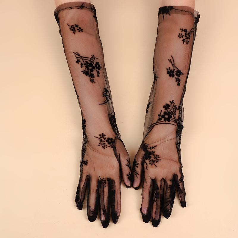 Sexy Black Mesh Flower Lace Gloves Long Bride Wedding Po Elbow Gloves Costume Parties Accessories