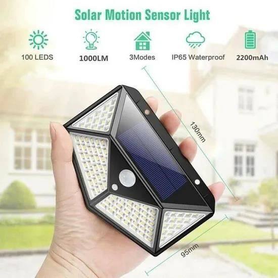 Lampe solaire extérieur 100 LED avec détecteur de mouvement - Noir