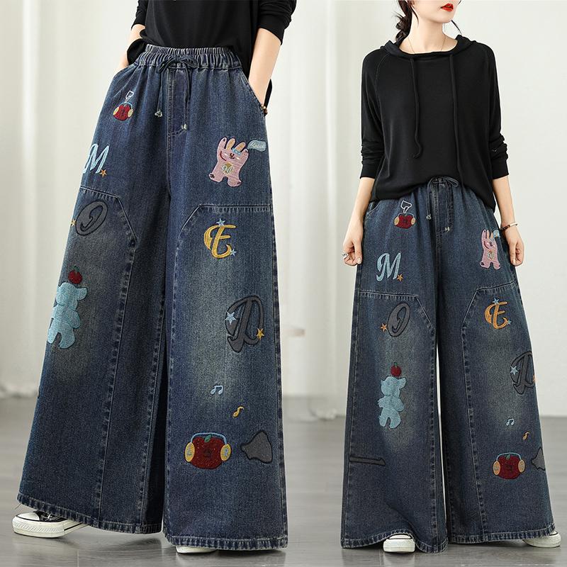 DIMANAF 2025 Plus Size Autumn Jeans Women Long Pants Embroidery Loose Denim Trousers Big Size Casual