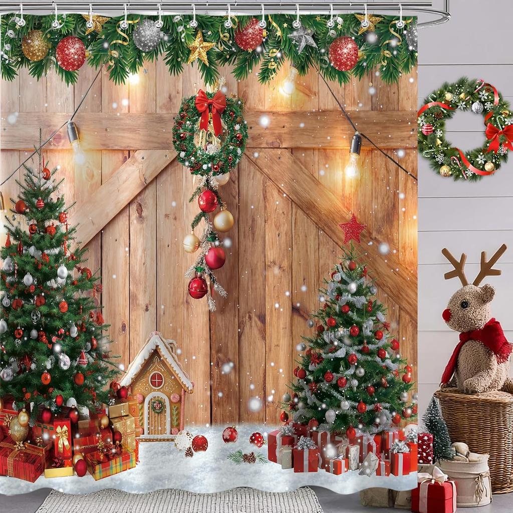 Christmas Tree Shower Curtain, Winter Colorful Cartoon Xmas Tree Cute New Year Bath Curtain Decor, Waterproof Bathroom Accessory