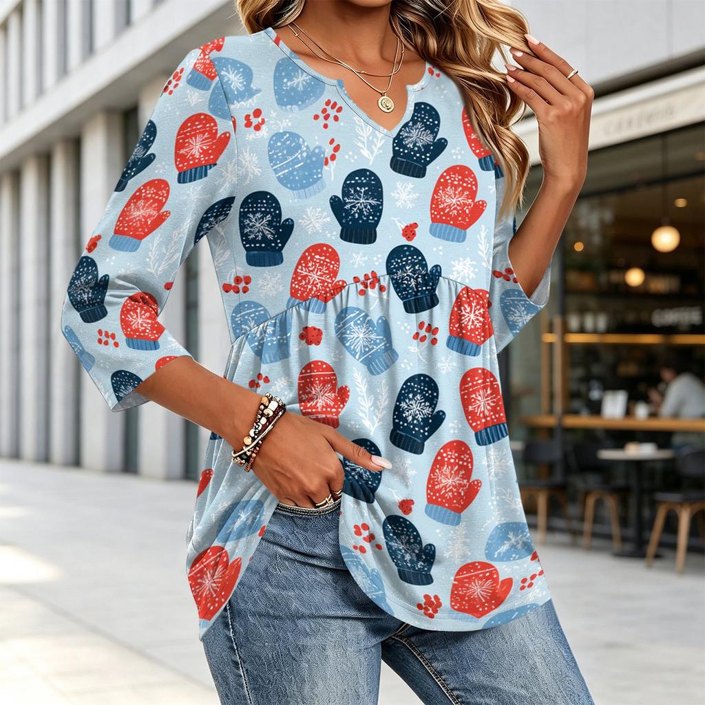 Women's Fashion Casual Christmas Print V-Neck Three-Quarter Sleeve Blouse