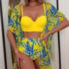 Maple Leaf Print High-Waisted Mesh Outerwear Bikini Set