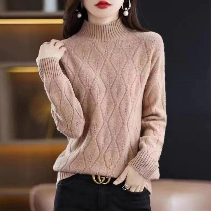 Solid Color Pullover Long Sleeve Sweater Knitted Elegant Screw Thread Women's Clothing Autumn Winter Half High Collar Tops