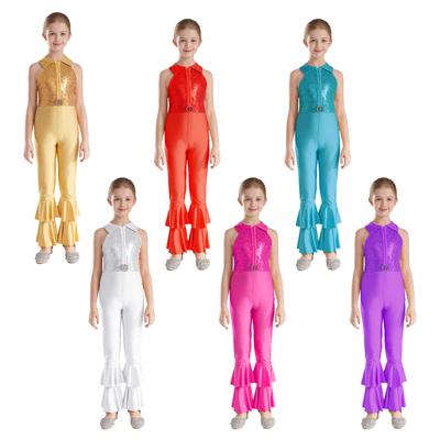 Kids Girls Bronzing Cloth One Piece Sleeveless Tiered Bell-bottom Pants Style Unitard Bodysuit Costumes