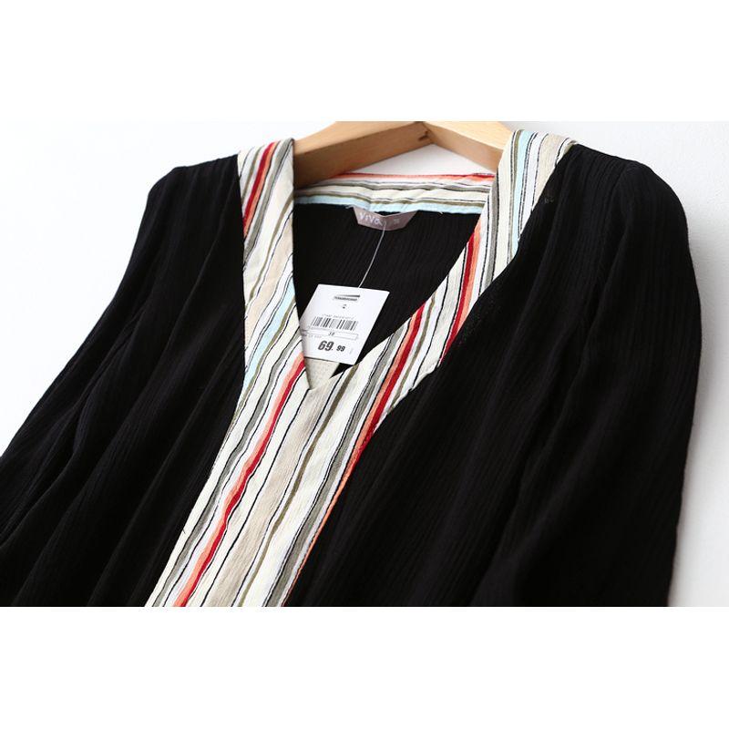 Export Export Knotted Ethnic Style Contrast Color Niche Style Viscose Shirt Women's Long Sleeve V Neck Pullover Tops
