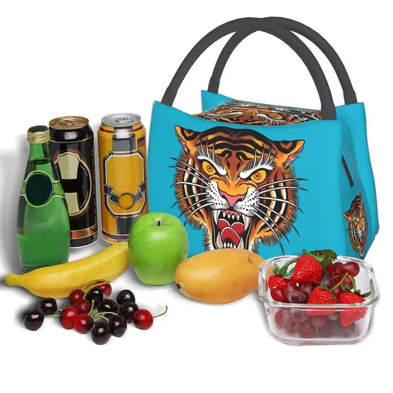 Custom Gothic Traditional Tattoo Tiger Head Lunch Bag Women Cooler Thermal Insulated Lunch Box for Work Pinic or Travel