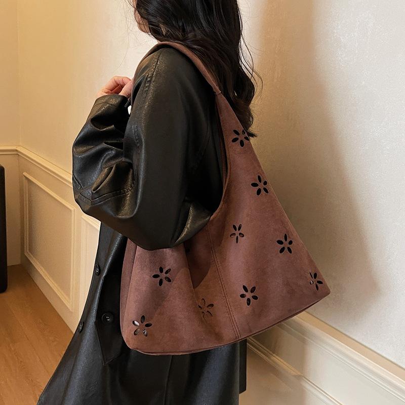 Floral Cutout Suede Hobo Bag with Open Top Design Large Capacity Fashion Shoulder Bag