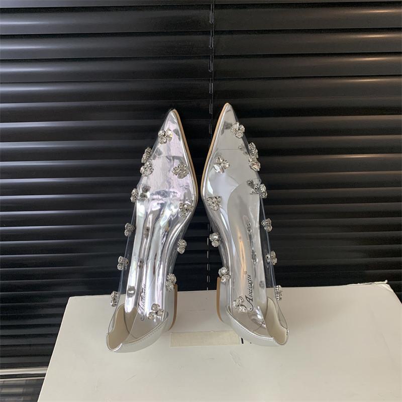 

Модные Роскошные Туфли-лодочки из Прозрачного ПВХ с Стразами для Женщин Элегантный Острый Носок Низкий Каблук Хрустальные Вечерние Туфли Модные Летние Свадебные Туфли 39 серебряный