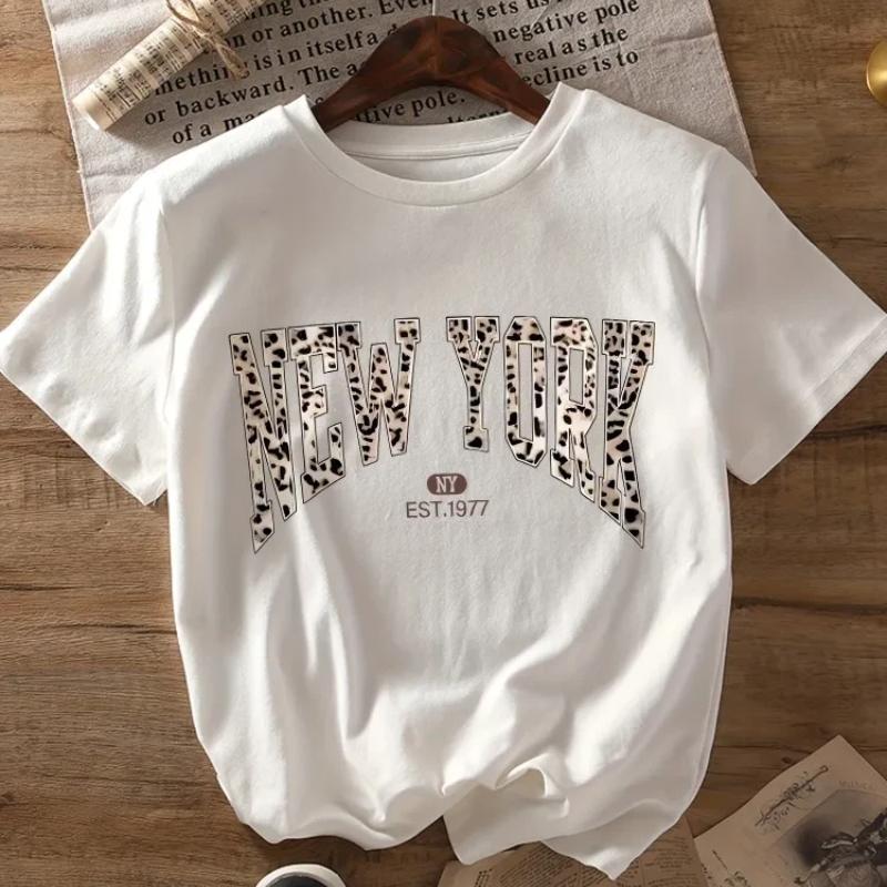 New York Pattern Printed Leopard Print Letter Design Women's Casual Short Sleeve Round Neck T-Shirt Four Seasons Versatile Top