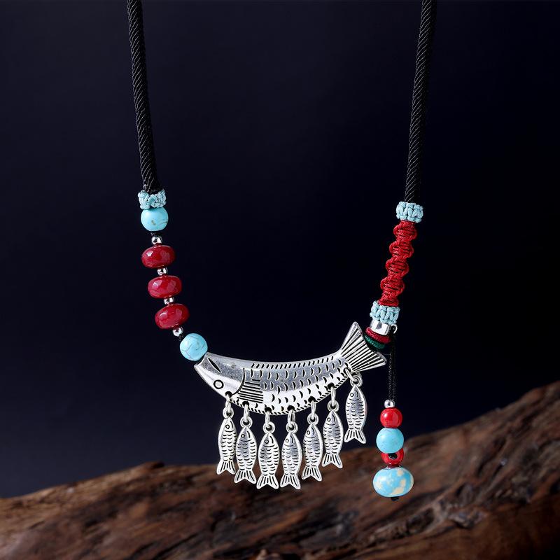 Original design woven dogfish fringed pendant women's necklace fashionable retro Tibetan silver collarbone chain accessories