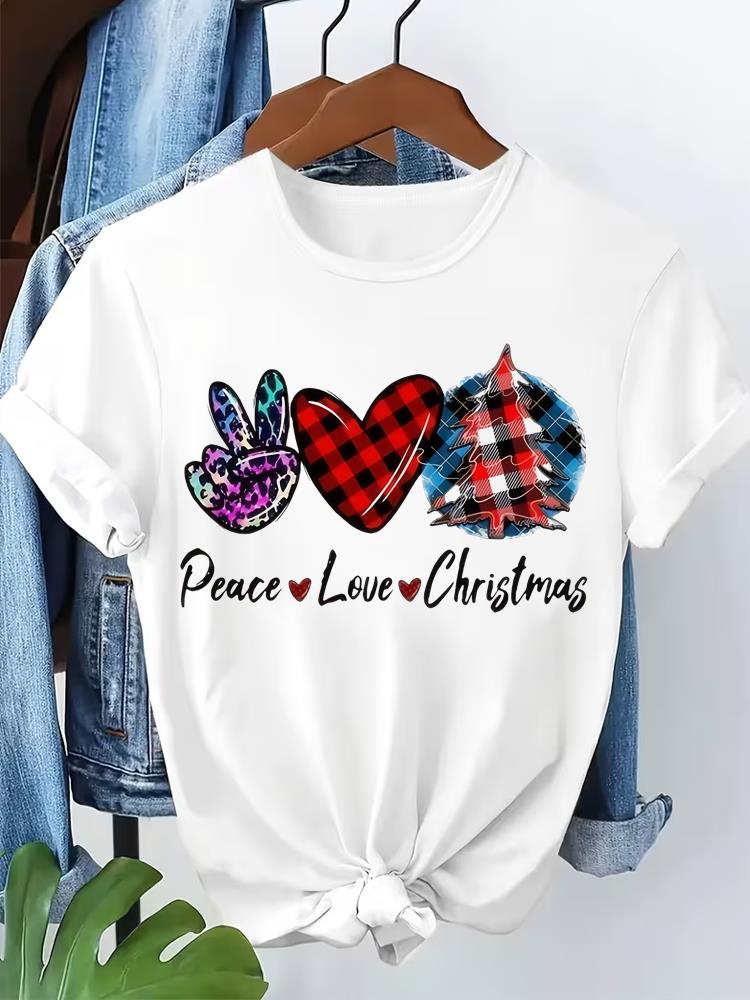 (Asian Size) watercolor cute Short Sleeve T-shirts Merry Christmas Women's Top O-neck T Shirt Print  Fashion Casual New Year Clothing Graphic Tee
