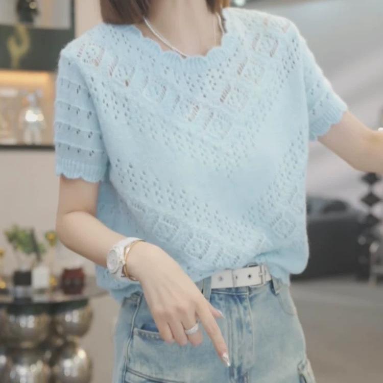 Spring Summer Hook and Flower Hollow Short Sleeved Knitted Sweater T-shirt for Women Round Neck Thin Loose Top