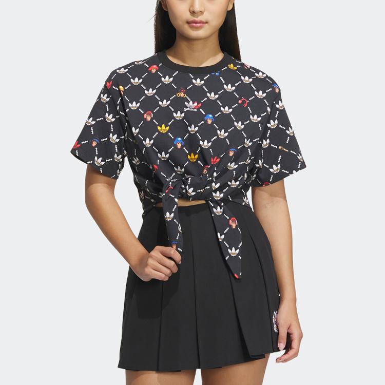 adidas Originals Women's Cartoon Print Tie-Front Cropped T-Shirt Black IP1769