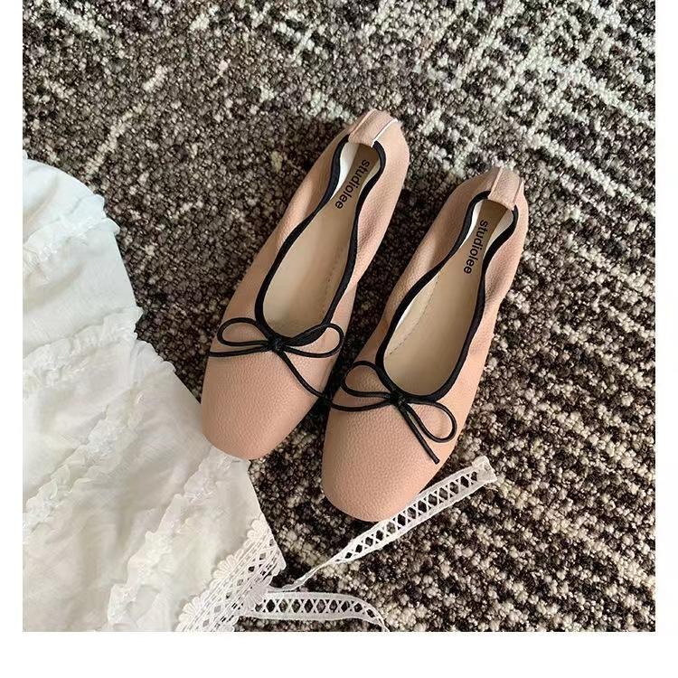 Bow Square Head Shallow Mouth Ballet Flats Women's Single Shoes
