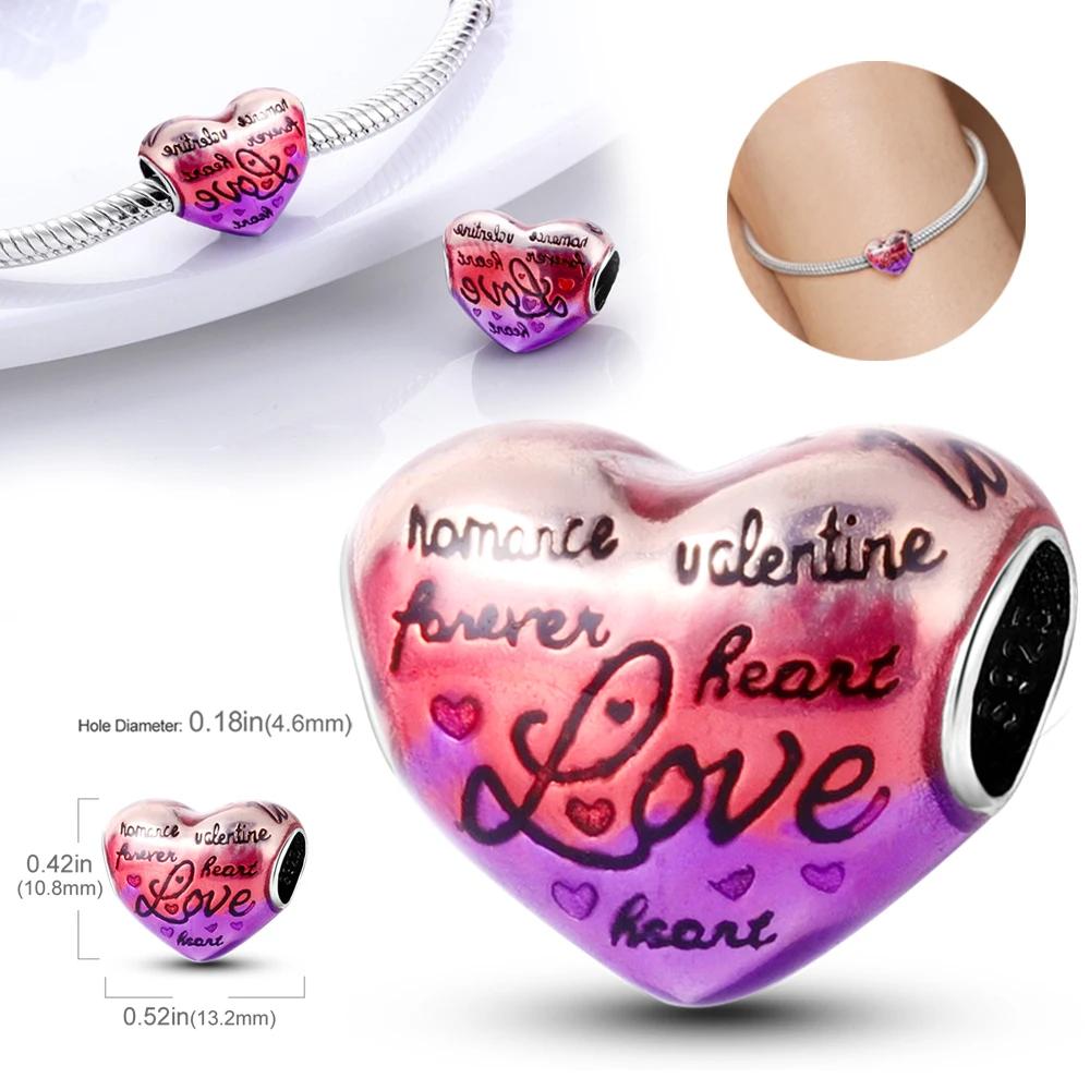 Silver Colour Metallic Pink Heart Charm Heart-shaped Beads Fit  Silve Original Bracelets Fashion DIY Woman Jewelry Making