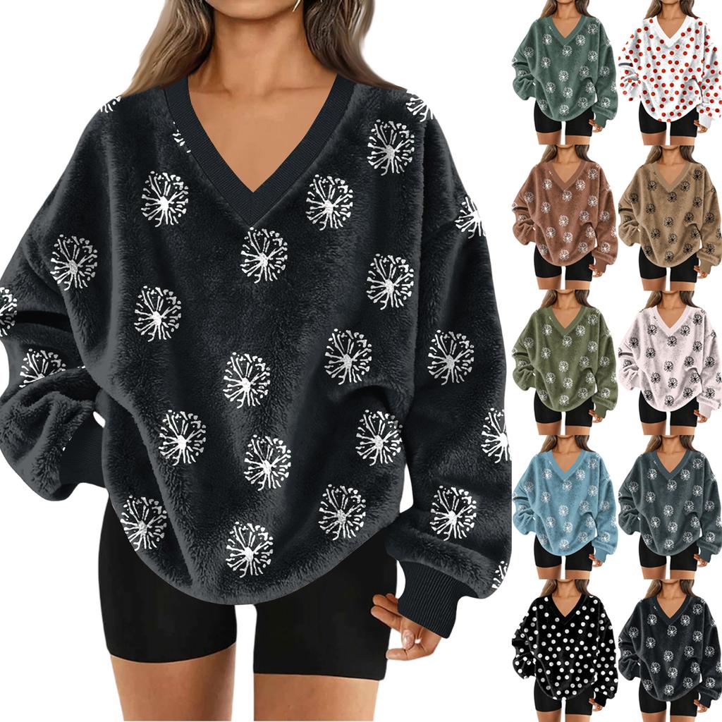 Women's V-Neck Sweatshirt Plush Solid Color Casual Fashion Long Sleeve With Pocketed Pullover Top
