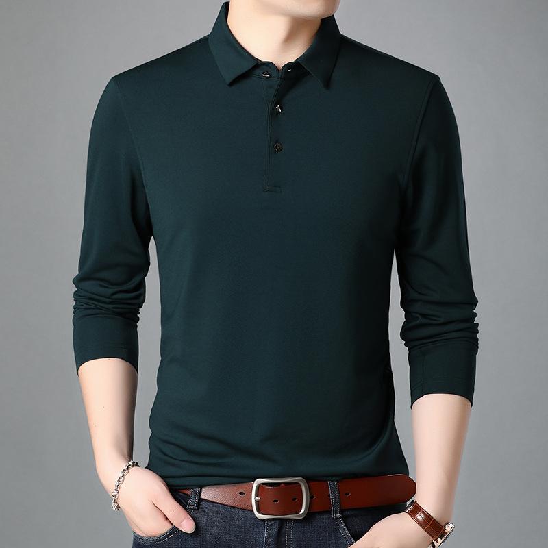 Herbst Top Revers Langarm T-Shirt Männlich Junge und Mittleren Alters Lose Einfarbig T-Shirt Revers T-Shirt