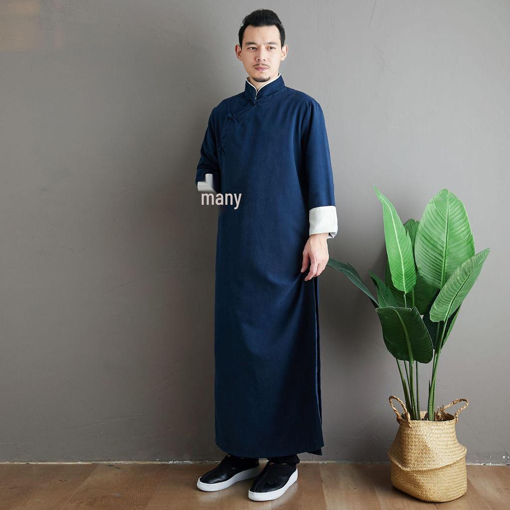 Ma Fan Men's Tang Suit Snowflake Satin Long Gown: Chinese Style Mid-Length Stand-Up Collar Roll-Up Sleeve Solid Color Robe.