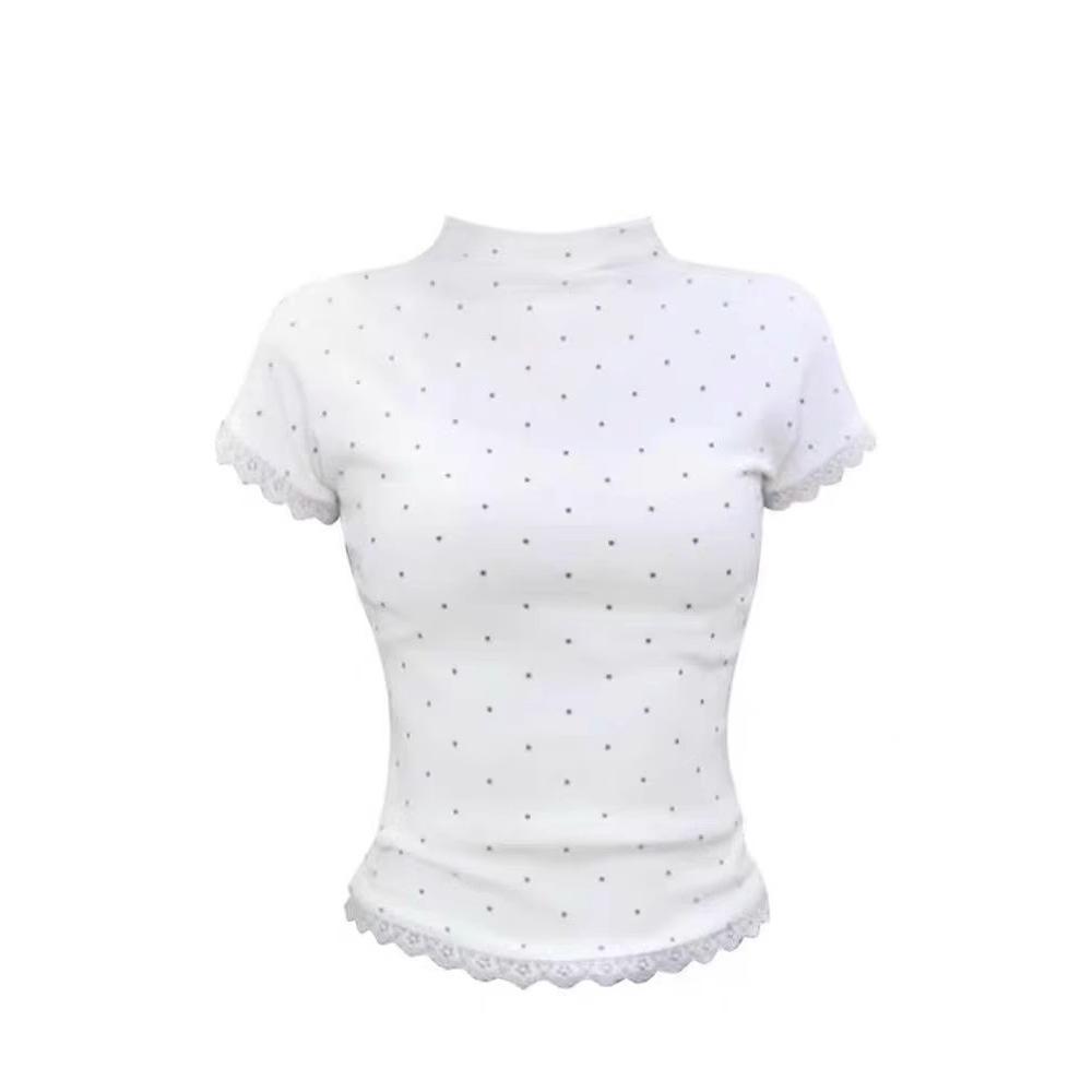 Splicing lace hem polka dot front shoulder crew neck short sleeve summer fresh age reduction versatile small top T-shirt ins