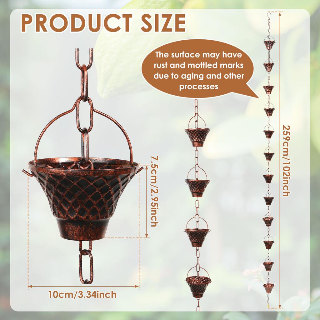 Metal Rain Chain Decorative Rainwater Diverter with Hook Exquisite & Retro Appearance Rain Cup Chime for Garden Patio Courtyard