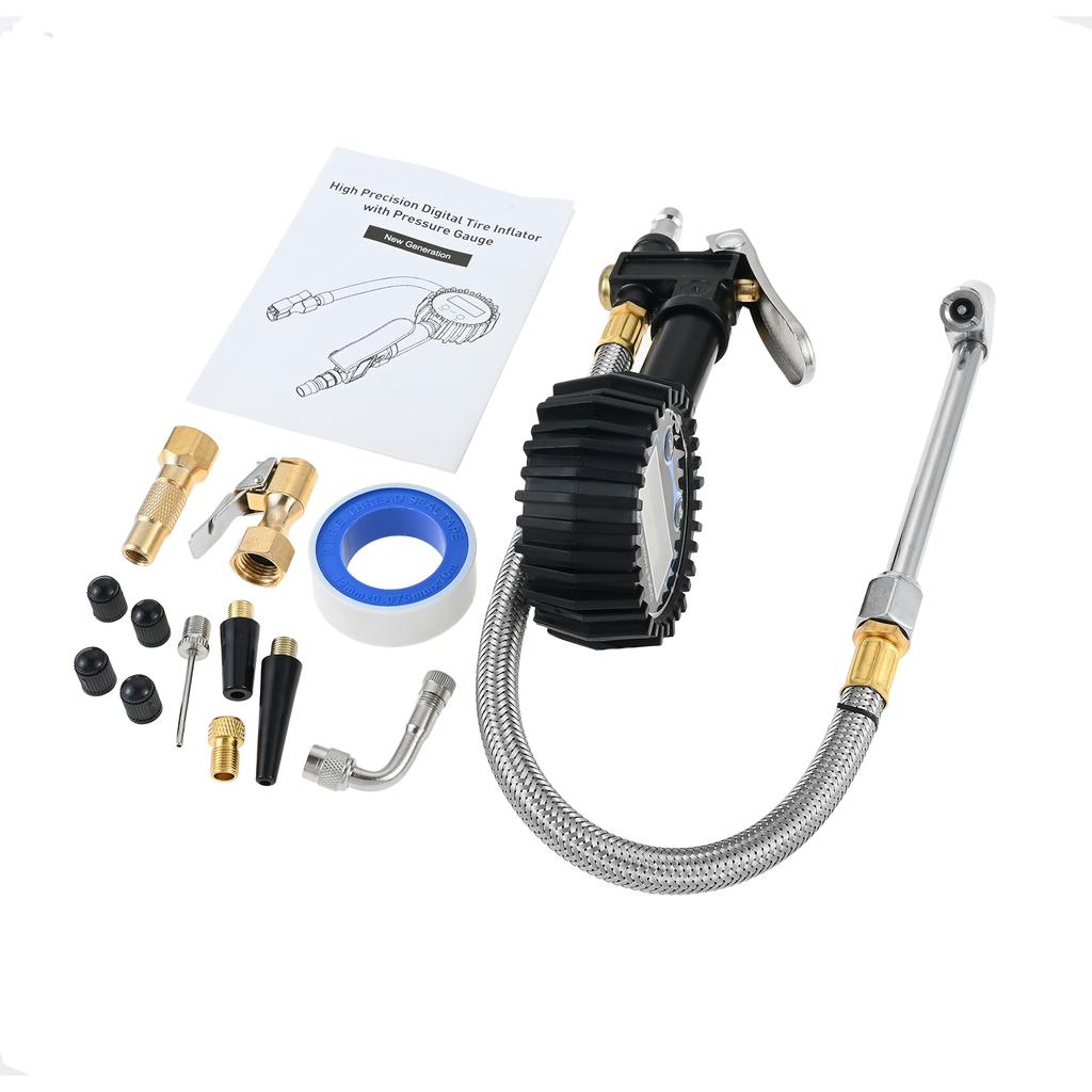 Digitaler Reifendruckmesser mit Aufpumpe 200 PSI Heavy Duty Luftanschluss Kompressor-Zubehör Edelstahl-Geflechtschlauch Reifendruckmesser