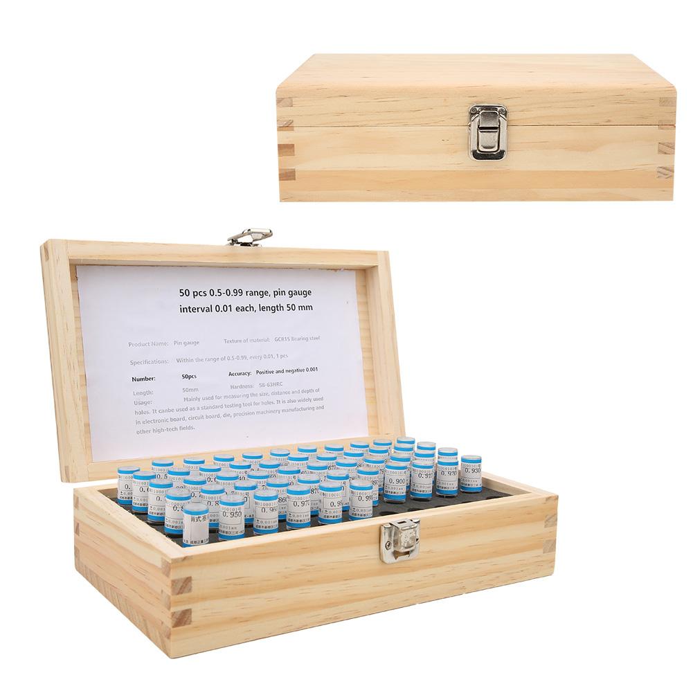 50pcs Pin Gage Set, 0.5-0.99mm Range 0.01mm Interval Bearing Steel Tools, with Wooden , for Checking Hole Size Depth Gage Slots