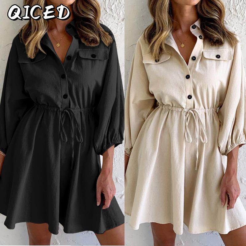 QICED Abito casual da donna, estate, primavera, tinta unita, stampa, collo polo, manica lunga