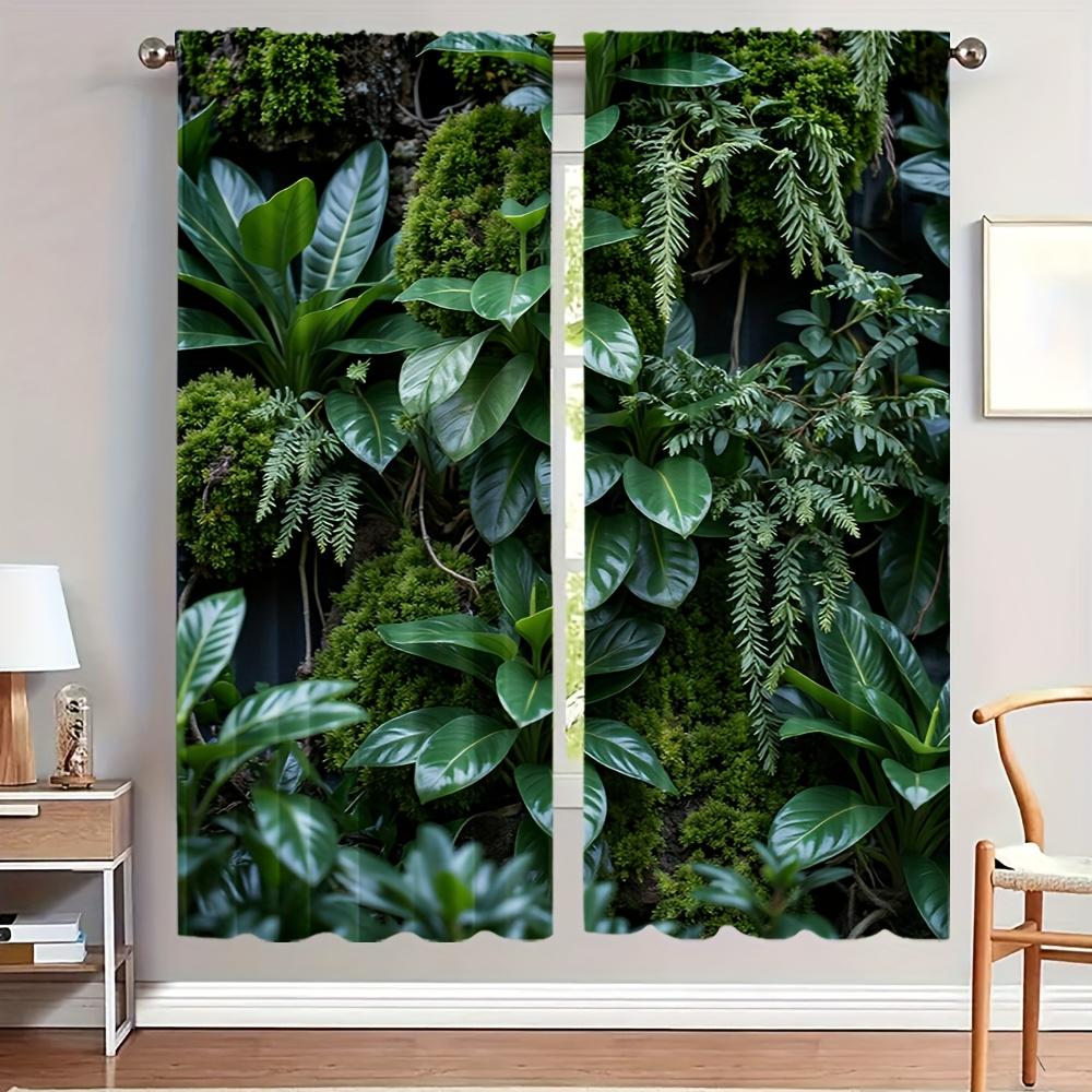 2pcs Natural Green Forest Print Curtains - Machine Washable Polyester, Semi-Transparent with Vibrant Moss & Foliage Design for B