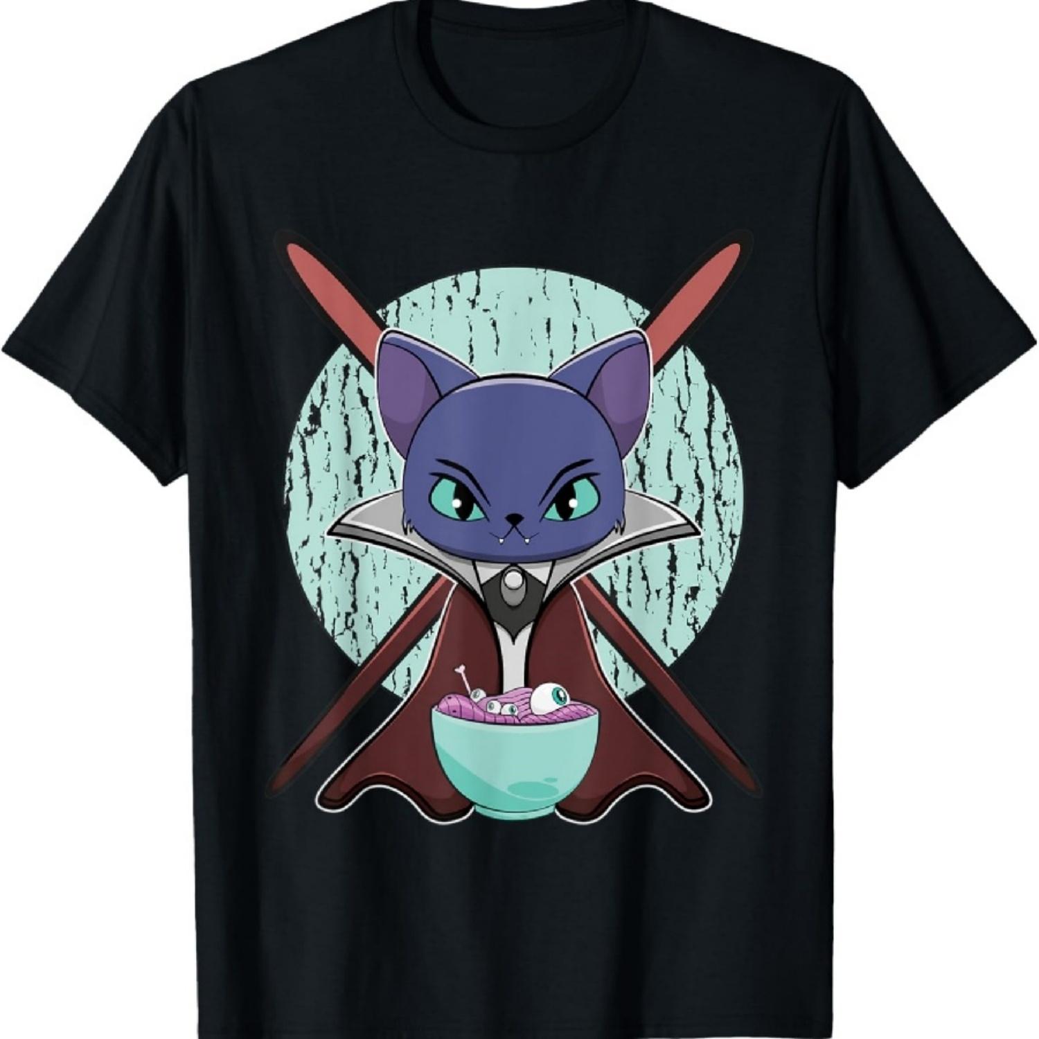 

Black Cat Vampire Dracula With Ramen Noodles For Halloween T-Shirt XXXXXL чорний