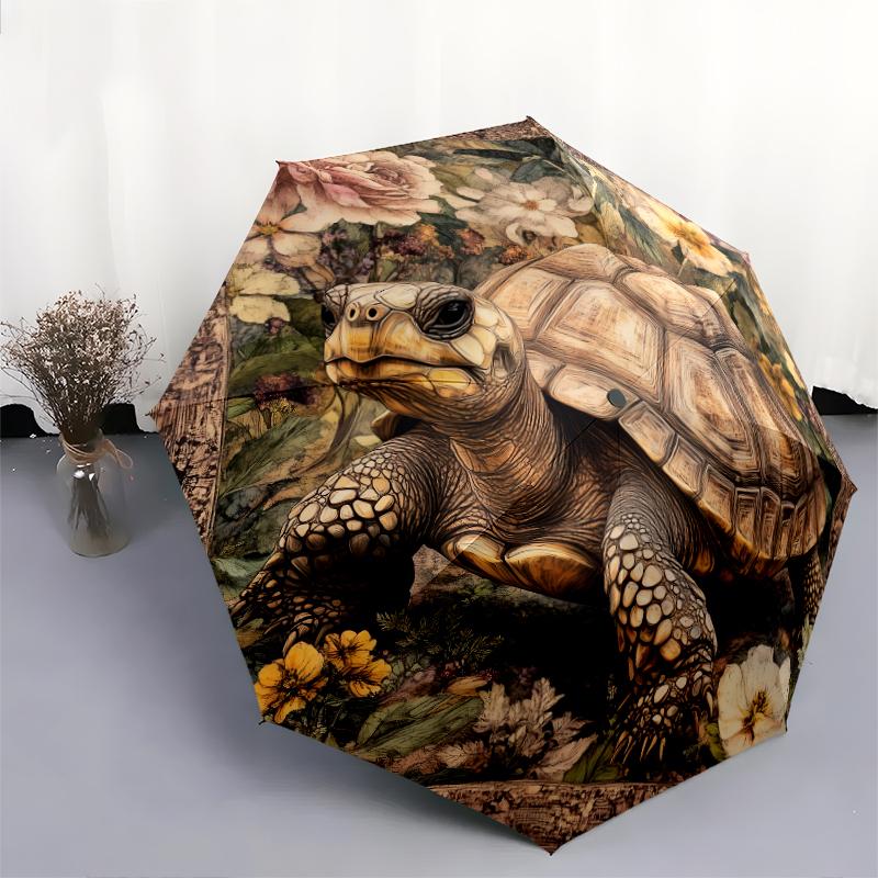Turtle and Flower Pattern, Automatic Folding Umbrella, Portable and Foldable Design, 8 Ribs, a Christmas or Birthday Gift.