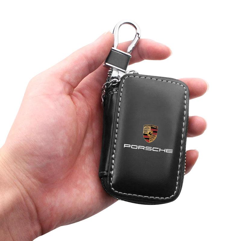 1Pcs Leather Emblem Car Key Case Keychain Zipper Key Case Bag For Porsche Cayenne Panamera Macan Boxster 911 Carrera-GT 944 918 917
