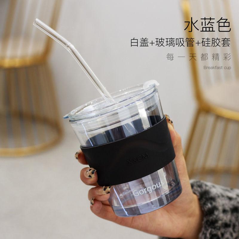 Portable Glass Cup Large Capacity Coffee Cup Straws Reusable with Lid Straw Cup Cute Coffee Mugs and Cups