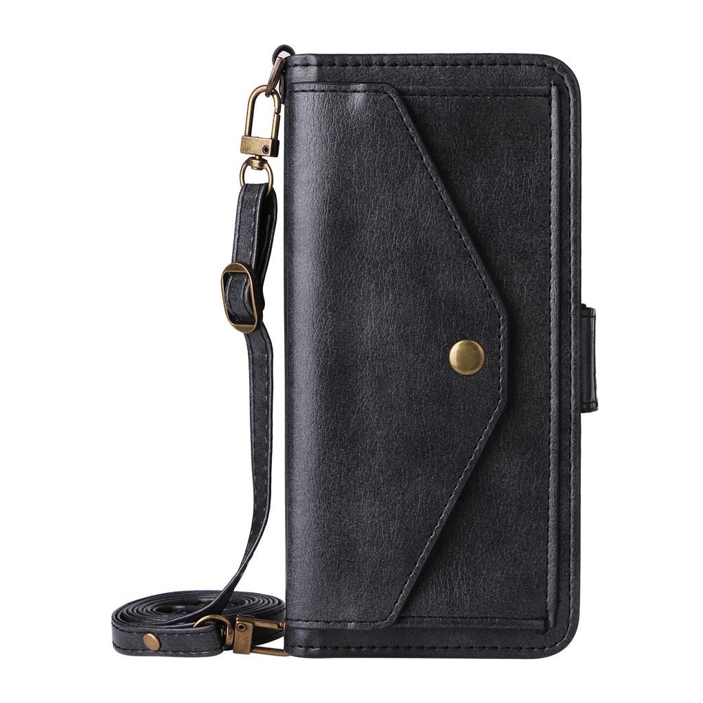 For iPhone 17 Pro Leather Case Magnetic Closure Wallet Stand Phone Cover with Crossbody Strap
