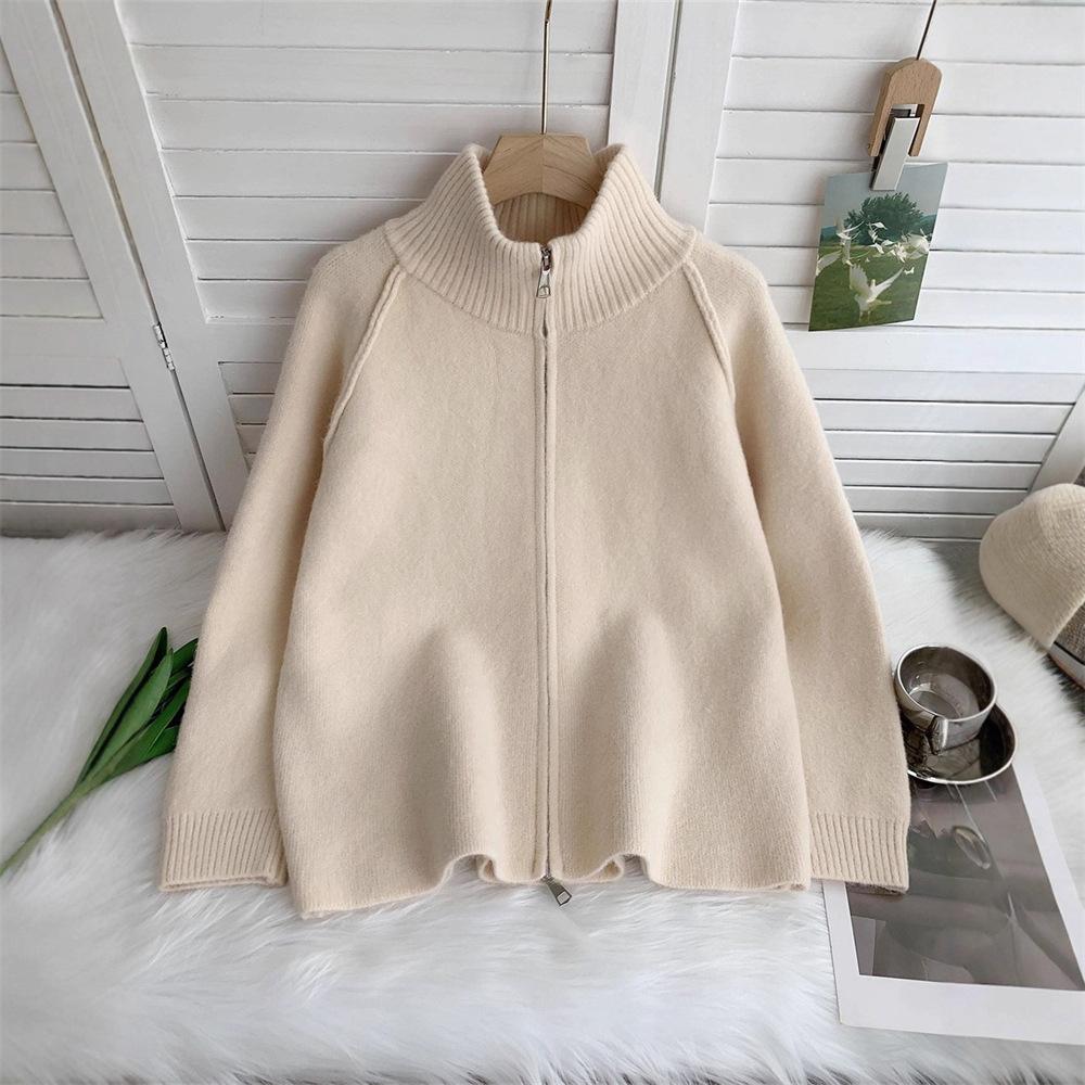 Cross-border Foreign Trade Solid Color Stand-up Neck Zipper Sweater Jacket Autumn and Winter New Loose Thickened Soft Waxy Knitted Cardigan Top